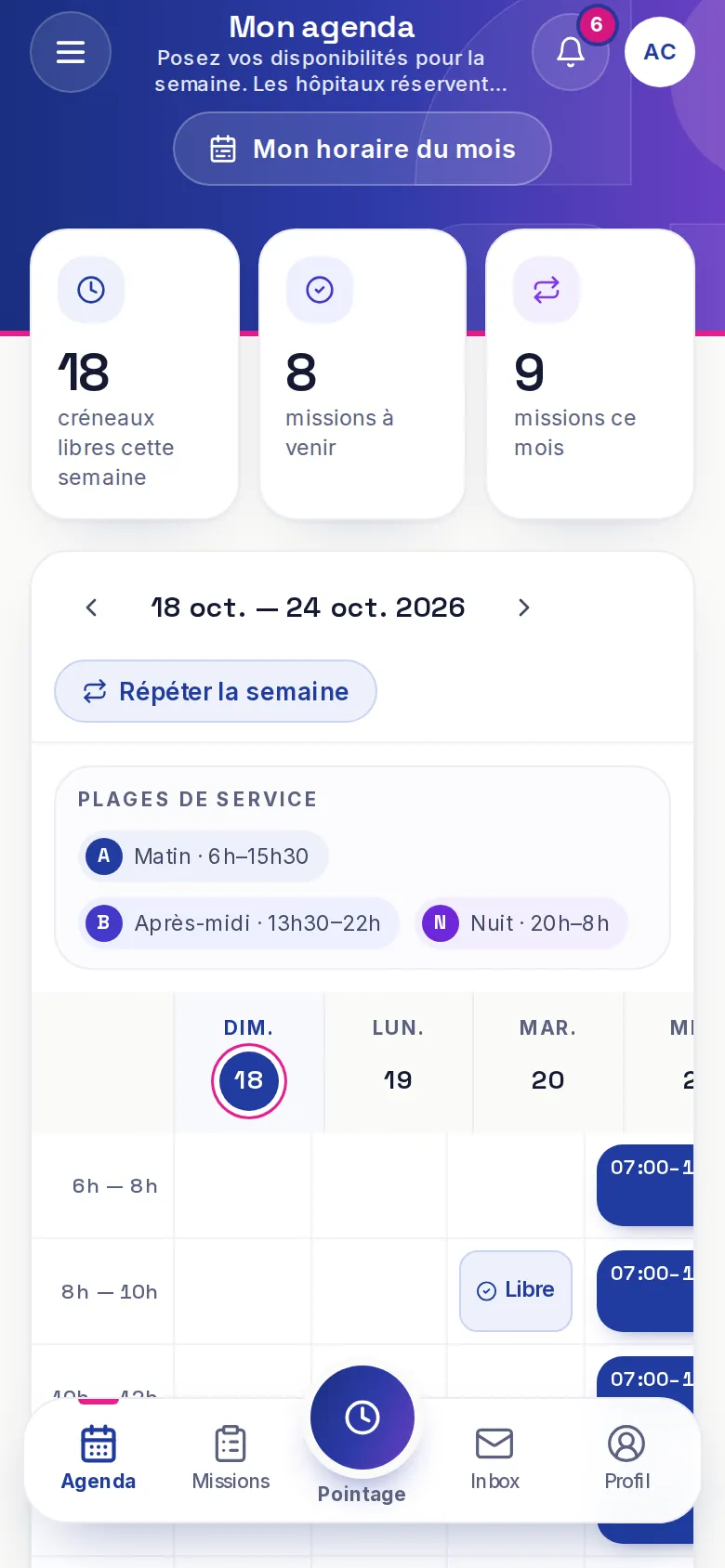 Agenda du soignant sur téléphone : créneaux libres, missions à venir et plages de service de la semaine