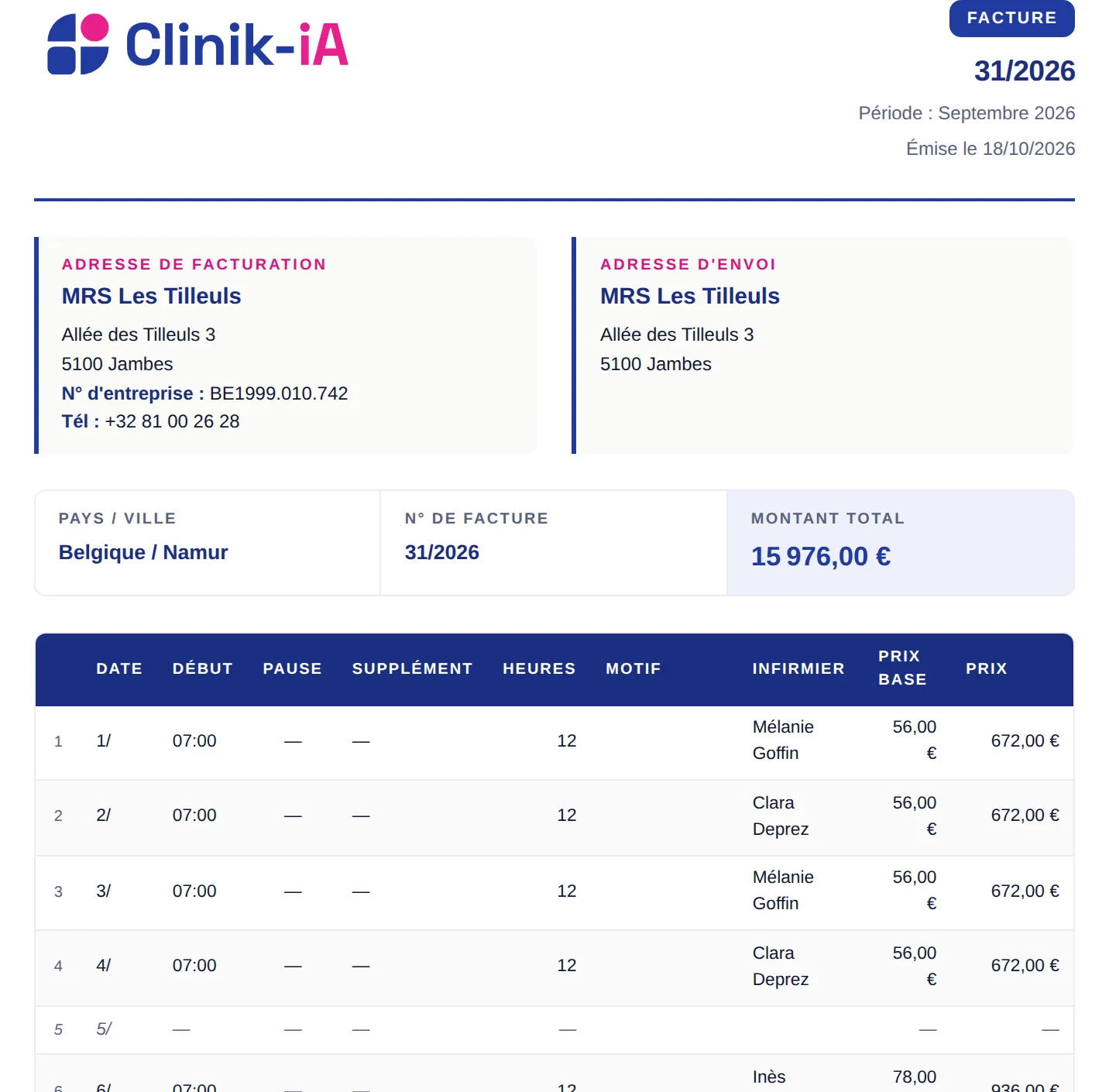 Facture mensuelle d’une maison de repos générée par Clinik-iA, avec son numéro, ses adresses et le détail des prestations