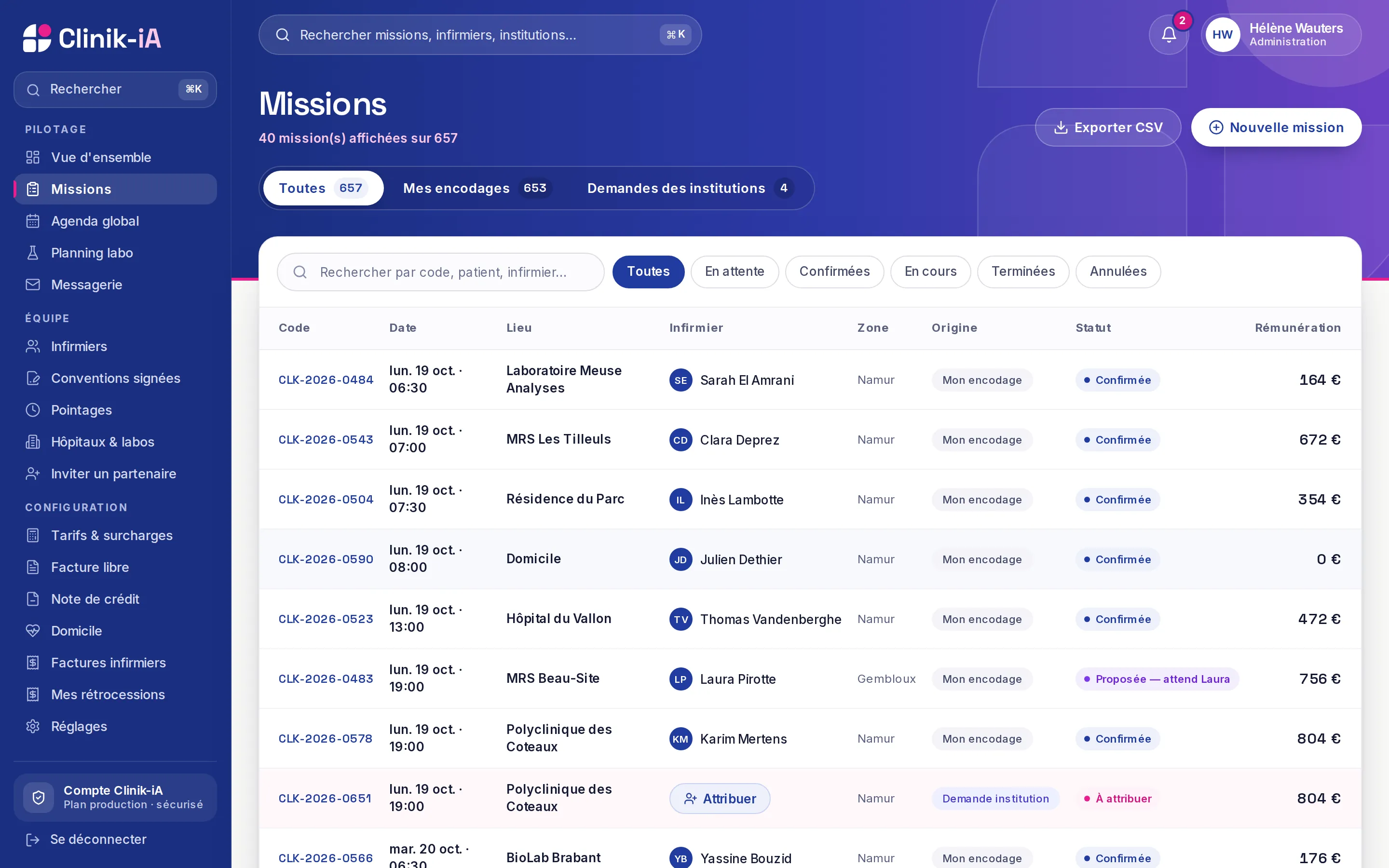 Liste des missions dans Clinik-iA : code, date, lieu, soignant, zone, origine, statut et rémunération
